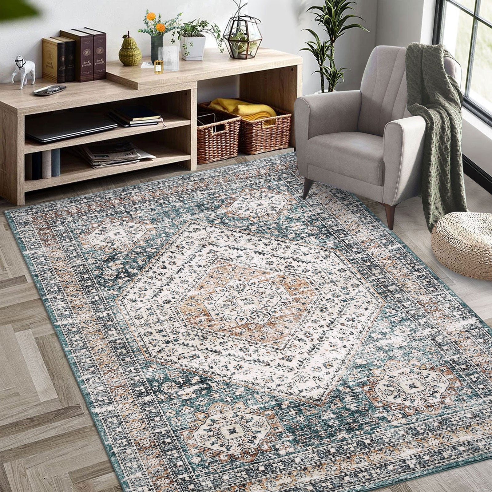 Garvee Waschbarer Teppich 80 x 150 cm Kunstwolle Rutschfest Niedriger Flor Für Schlafzimmer Wohnzimmer Esszimmer