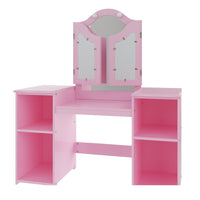 Coiffeuse Garvee Princess avec éclairage LED, miroir triptyque réglable, bois MDF, chaise enfant, salle de jeux, 117 cm (H) x 104 cm (L) x 41 cm (l), blanc