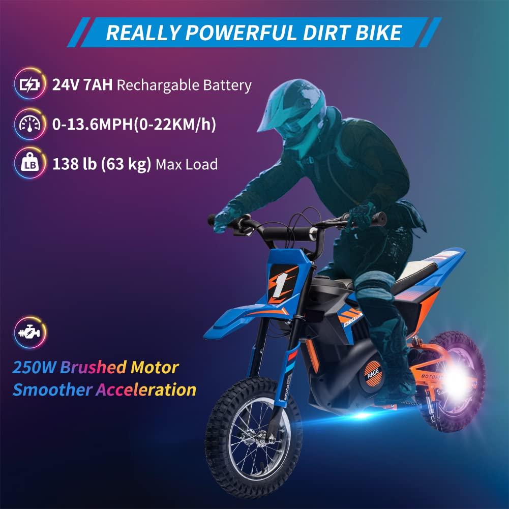Moto électrique tout-terrain Garvee 24 V, moteur 250 W, selle en cuir, suspension métallique, pneus pneumatiques, pour enfants et adolescents, bleue