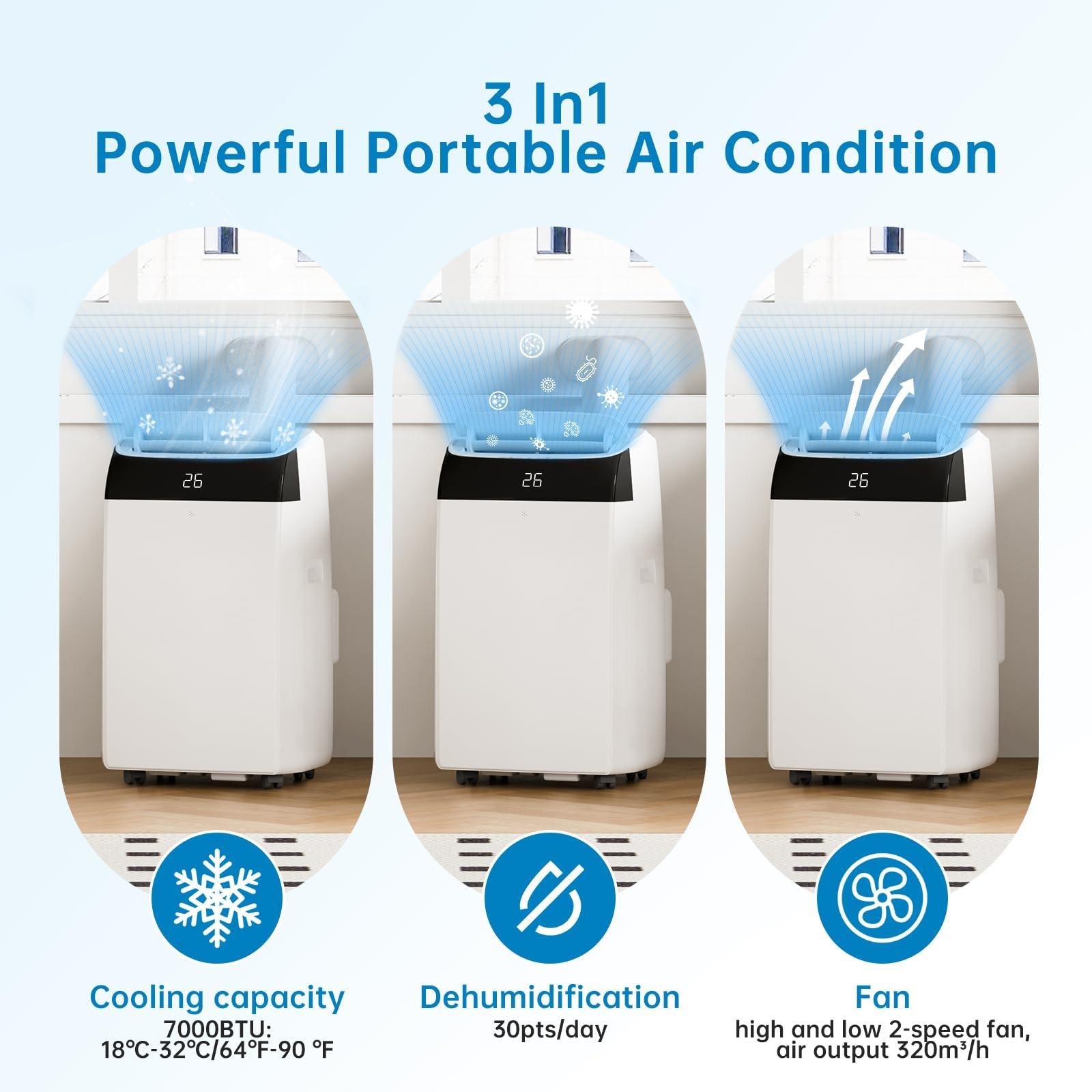 Garvee Climatiseur mobile 12000 BTU 3,5 kW, 3 en 1 avec déshumidificateur, ventilateur, kit fenêtre, minuterie 24 h et télécommande, panneau noir