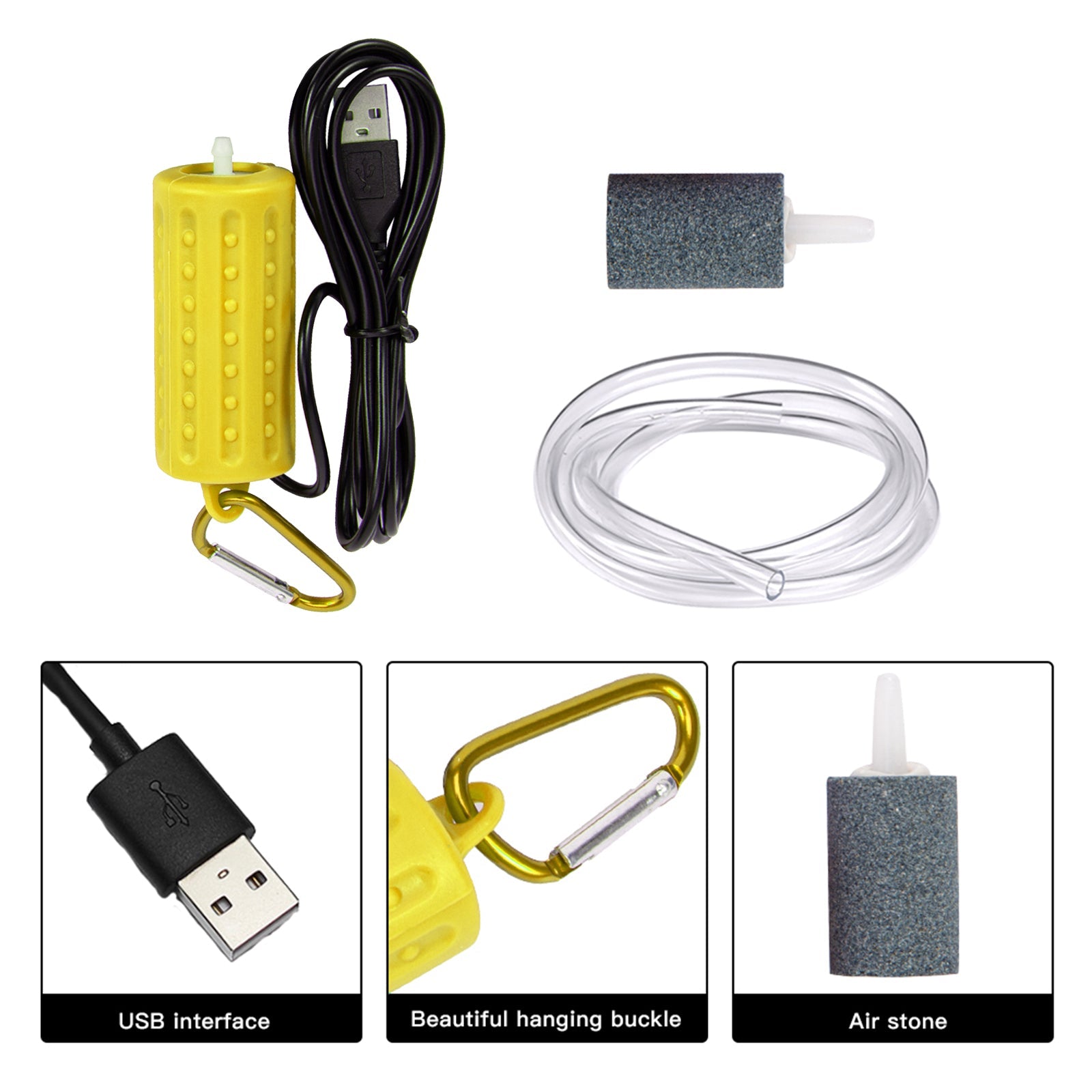 Pompe à air USB Garvee pour aquarium, mini, portable, silencieuse et économe en énergie, en plastique jaune.