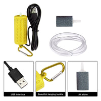 Pompe à air USB Garvee pour aquarium, mini, portable, silencieuse et économe en énergie, en plastique jaune.