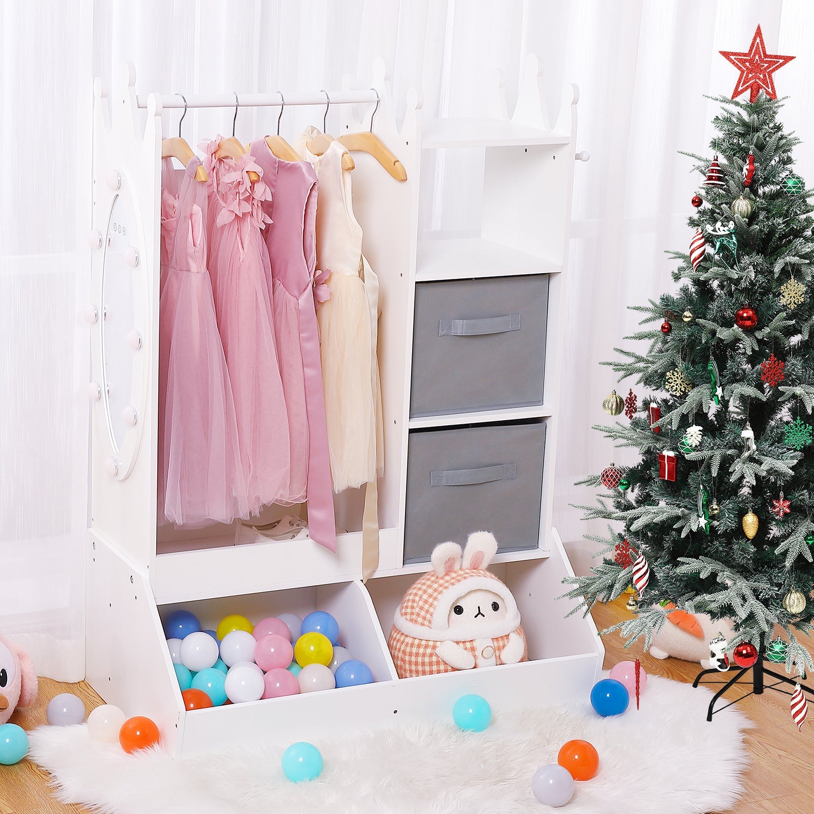 Coffret de rangement Garvee pour déguisements de fille avec lumière et miroir, MDF, rose, chambre d'enfant, 114 x 81 x 48 cm
