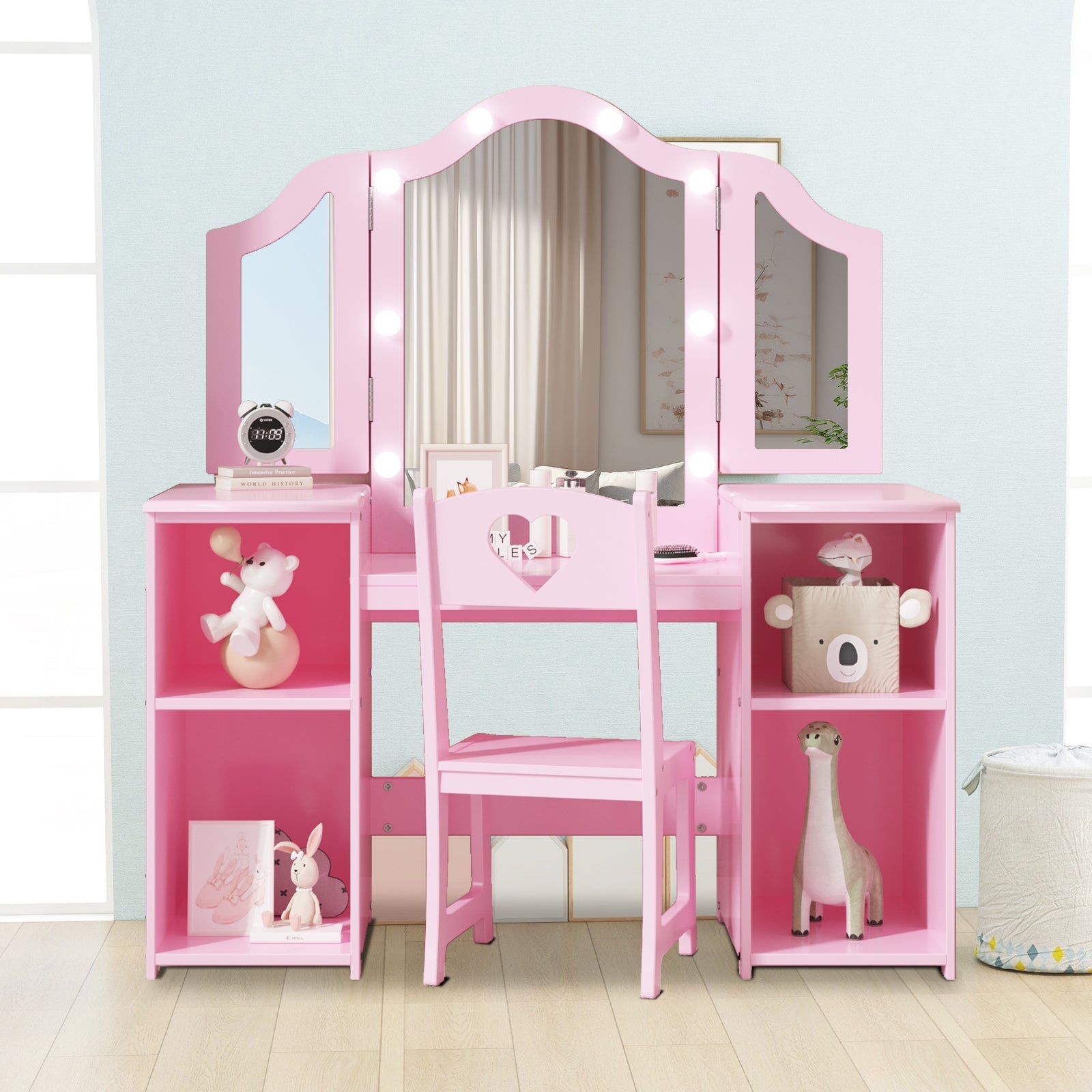 Coiffeuse Garvee Princess avec éclairage LED, miroir triptyque réglable, bois MDF, chaise enfant, salle de jeux, 117 cm (H) x 104 cm (L) x 41 cm (l), blanc