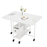 Garvee Table à Manger Pliante avec Tiroirs de Rangement, Îlot de Cuisine Extensible et Mobile, Étagères Multiniveaux, Roulettes Verrouillables, Blanche