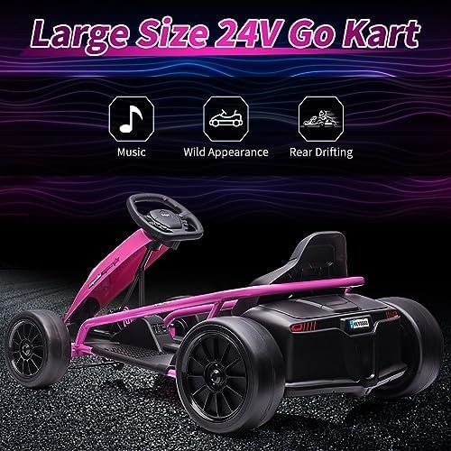 Garvee Go-kart électrique enfant 24 V rose, 2 moteurs de 300 W, mode drift, siège réglable et cadre en acier, pour 6 à 12 ans