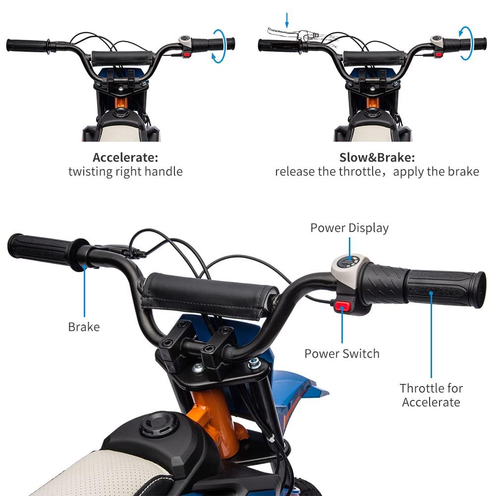 Moto électrique tout-terrain Garvee 24 V, moteur 250 W, selle en cuir, suspension métallique, pneus pneumatiques, pour enfants et adolescents, bleue