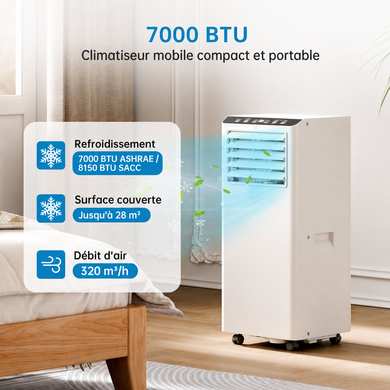 Garvee Climatiseur mobile 7 000 BTU / 2,05 kW, silencieux et économe, réfrigérant R290, avec kit fenêtre et tuyau d’évacuation, pour maison et bureau