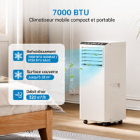 Garvee Climatiseur mobile 7 000 BTU / 2,05 kW, silencieux et économe, réfrigérant R290, avec kit fenêtre et tuyau d’évacuation, pour maison et bureau