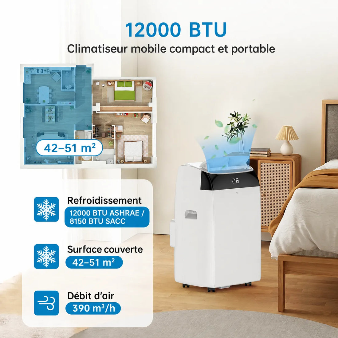 Garvee Climatiseur mobile 12000 BTU, 3 en 1 silencieux au R290, avec kit fenêtre, pour maison et bureau