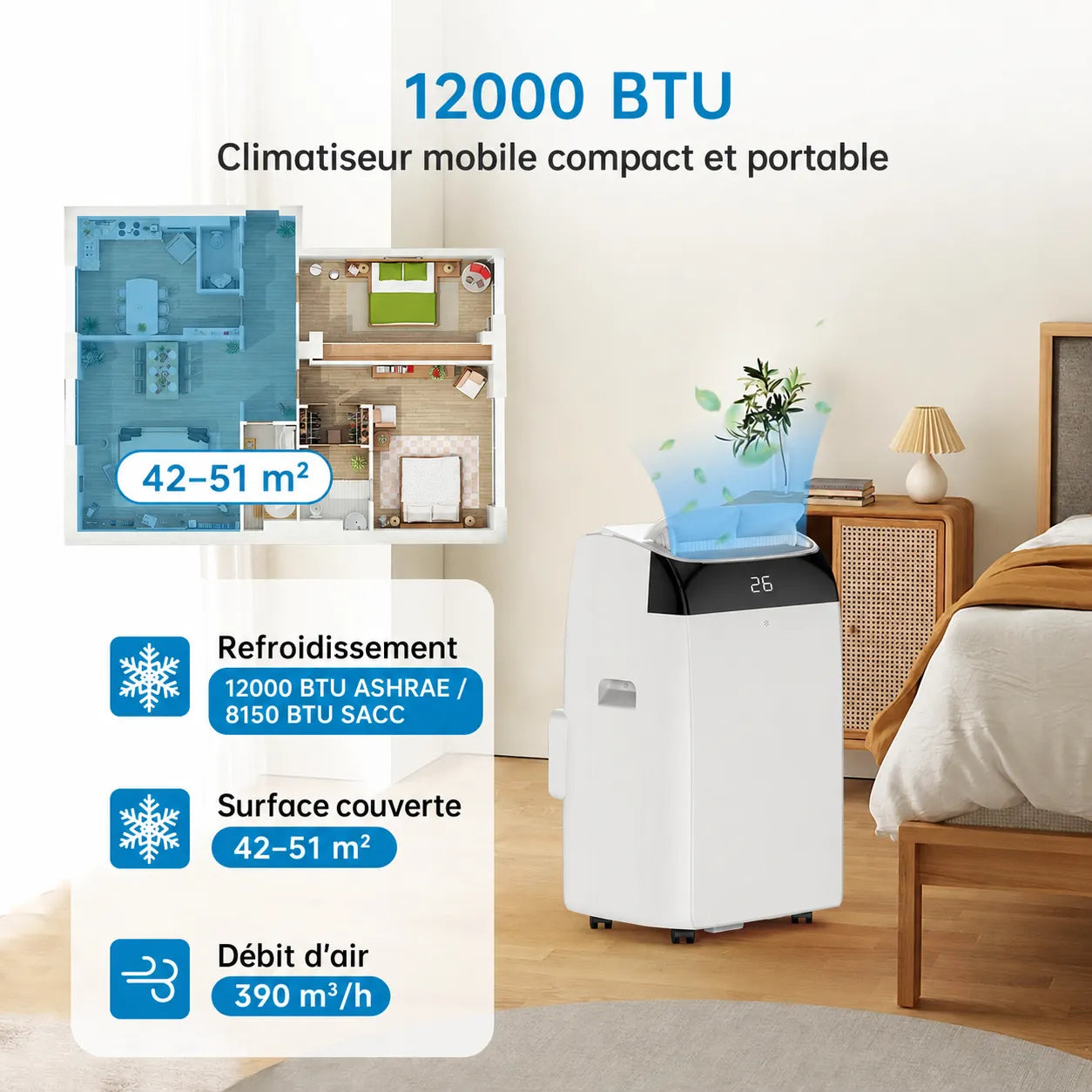 Garvee Climatiseur mobile 12000 BTU, 3 en 1 silencieux au R290, avec kit fenêtre, pour maison et bureau