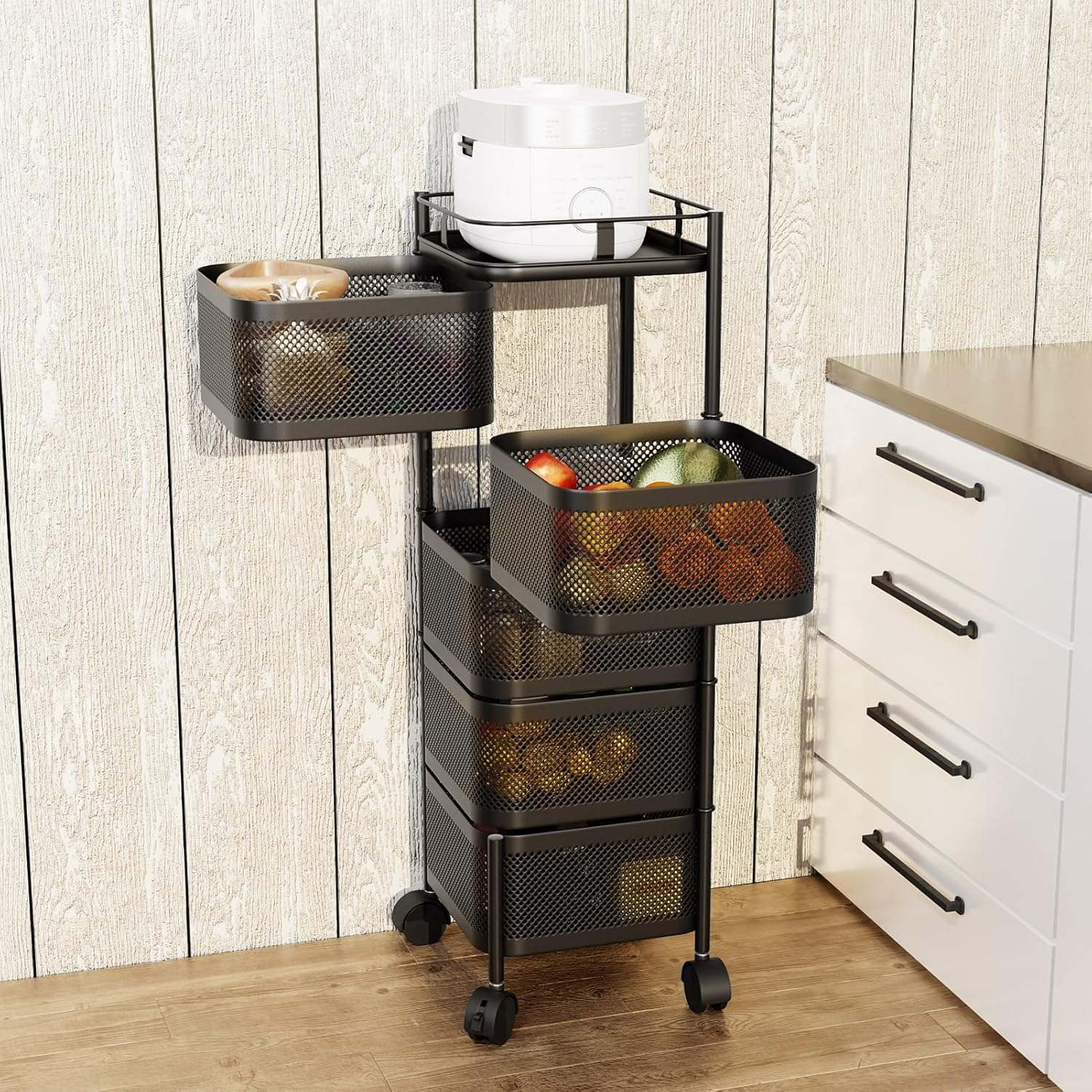 GARVEE Chariot de rangement rotatif 5 niveaux en acier carbone, 4 roulettes, pour cuisine, salon, chambre d’enfant, fruits et jouets, noir