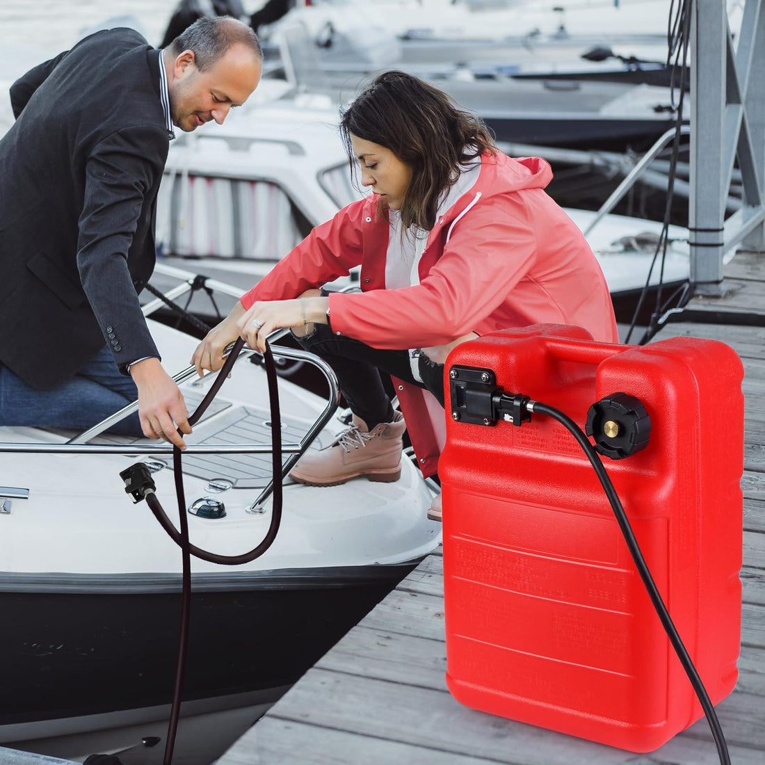 Réservoir portable Garvee Marine de 24 L en PEHD avec tuyau de 3 m et couvercle sécurisé pour une utilisation en bateau et en extérieur. Étanche, robuste et transparent.