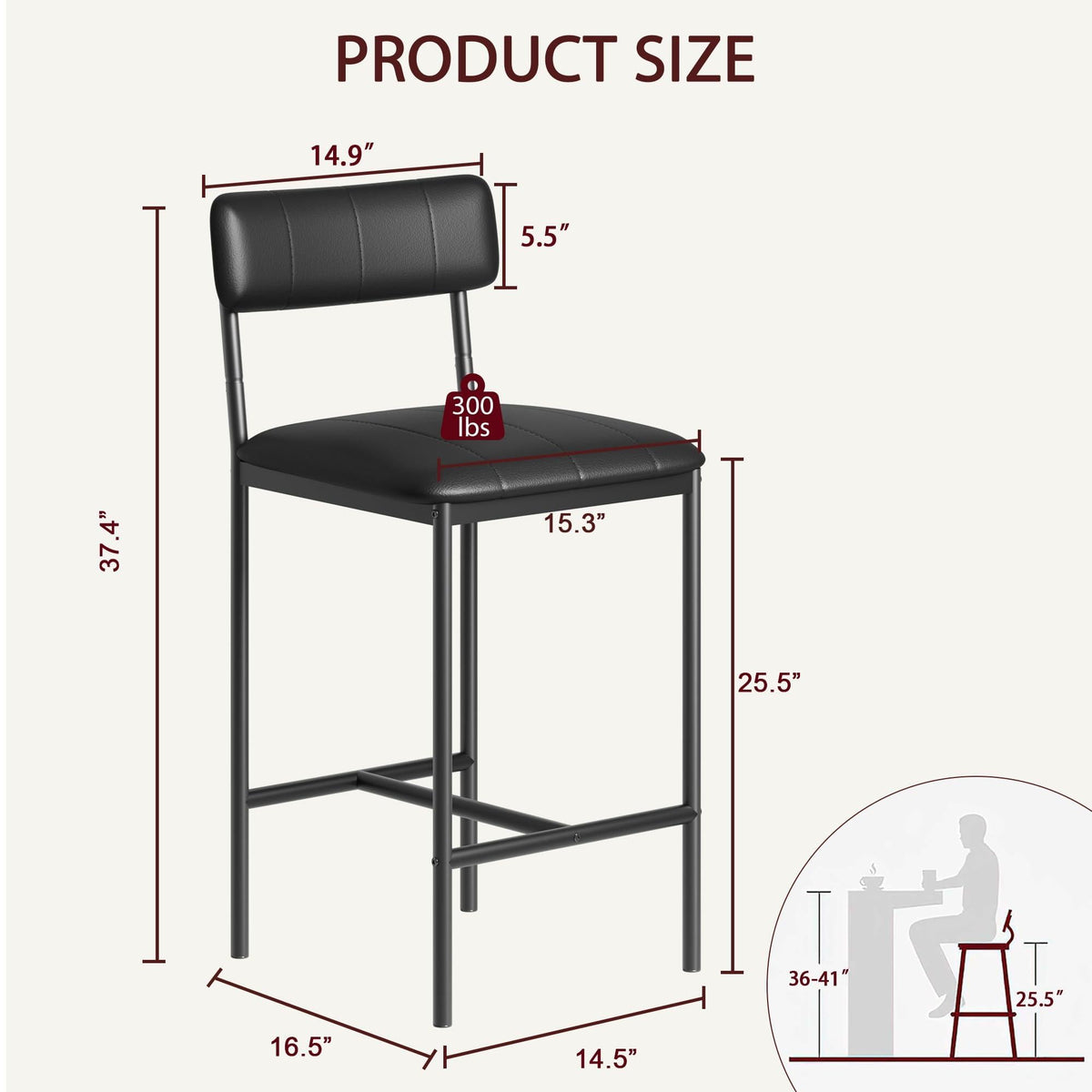 Garvee Lot de 2 tabourets de bar hauteur comptoir, cuir PU noir, dossier ergonomique rembourré, repose-pieds, montage facile, pour îlot de cuisine