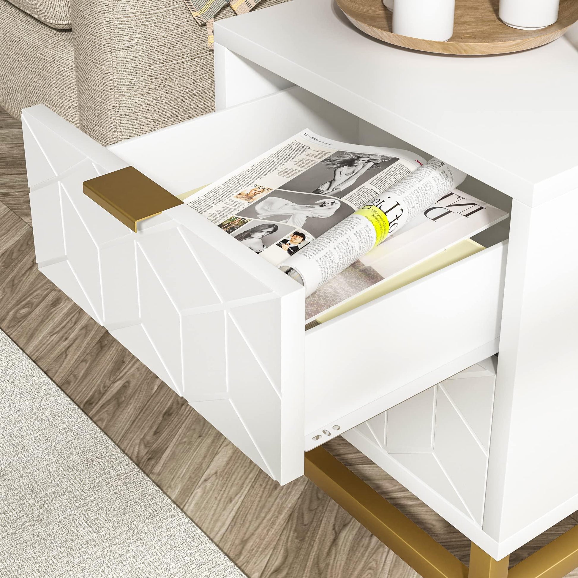 Garvee commode blanche à 3 tiroirs en bois avec poignées en métal doré pour la chambre et le salon, moderne, en MDF, stable