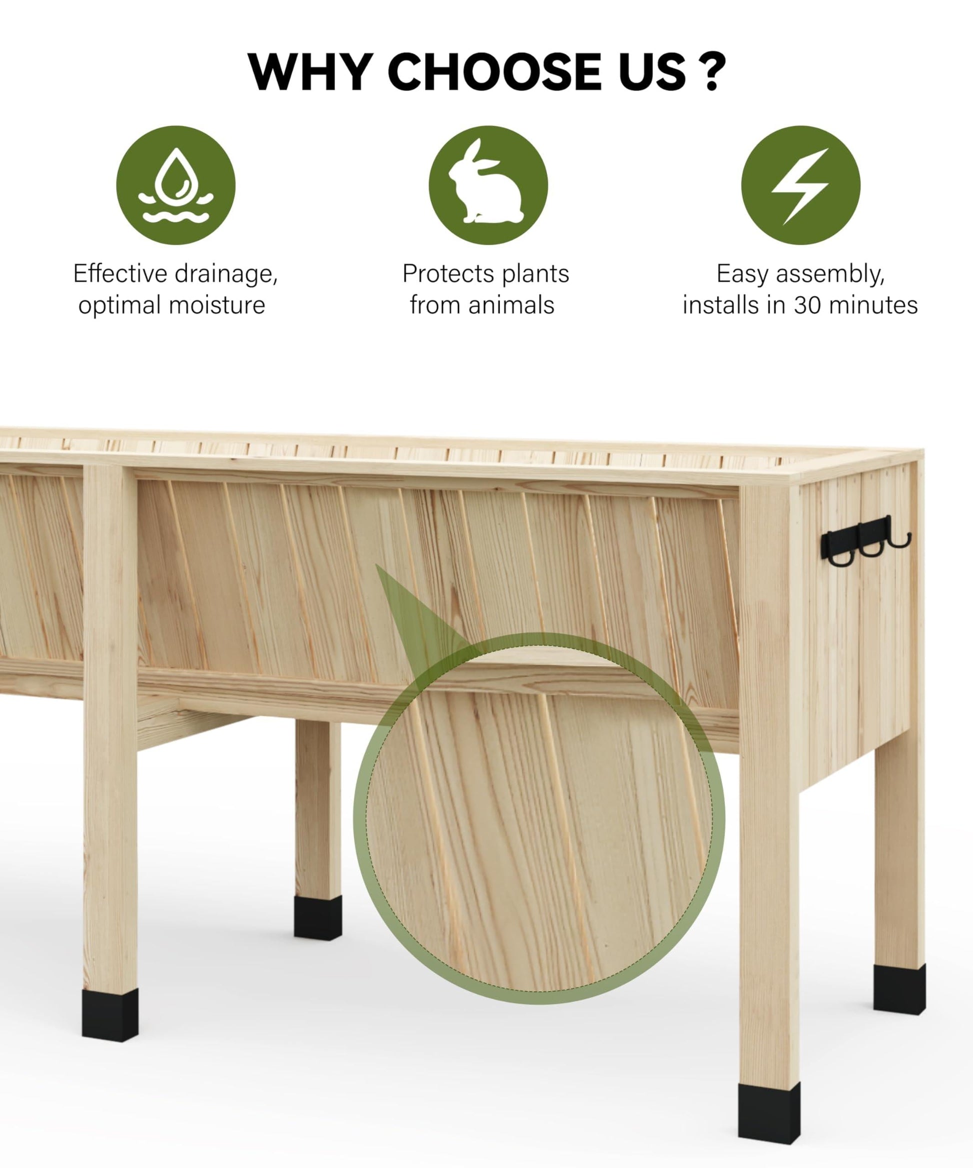 Garvee Jardinière surélevée en cèdre naturel 183 x 66 x 77 cm, avec crochets, stable et ergonomique, pour plantes, patio et balcon, couleur naturelle