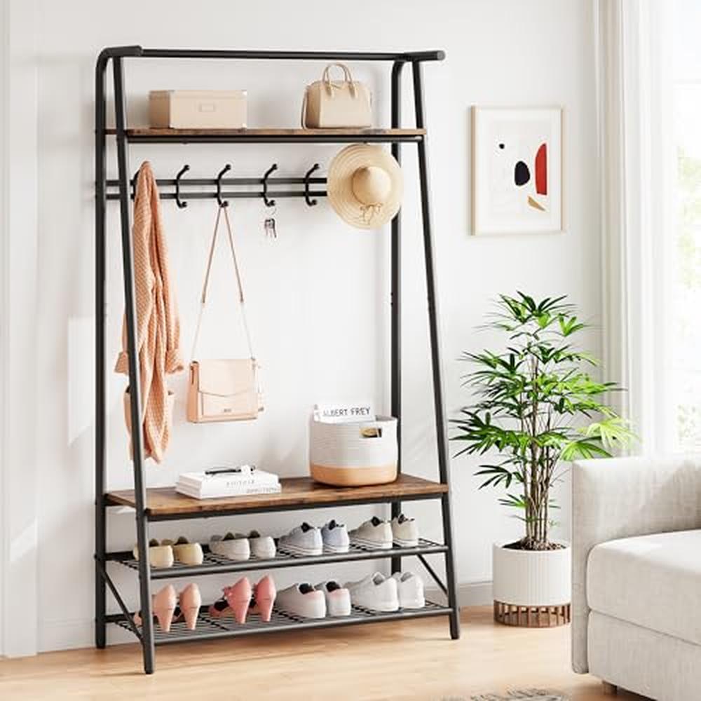 Garvee Porte-manteau simple 100 cm – Structure en métal aspect bois avec banc à chaussures et 5 à 10 crochets pour entrée et salon
