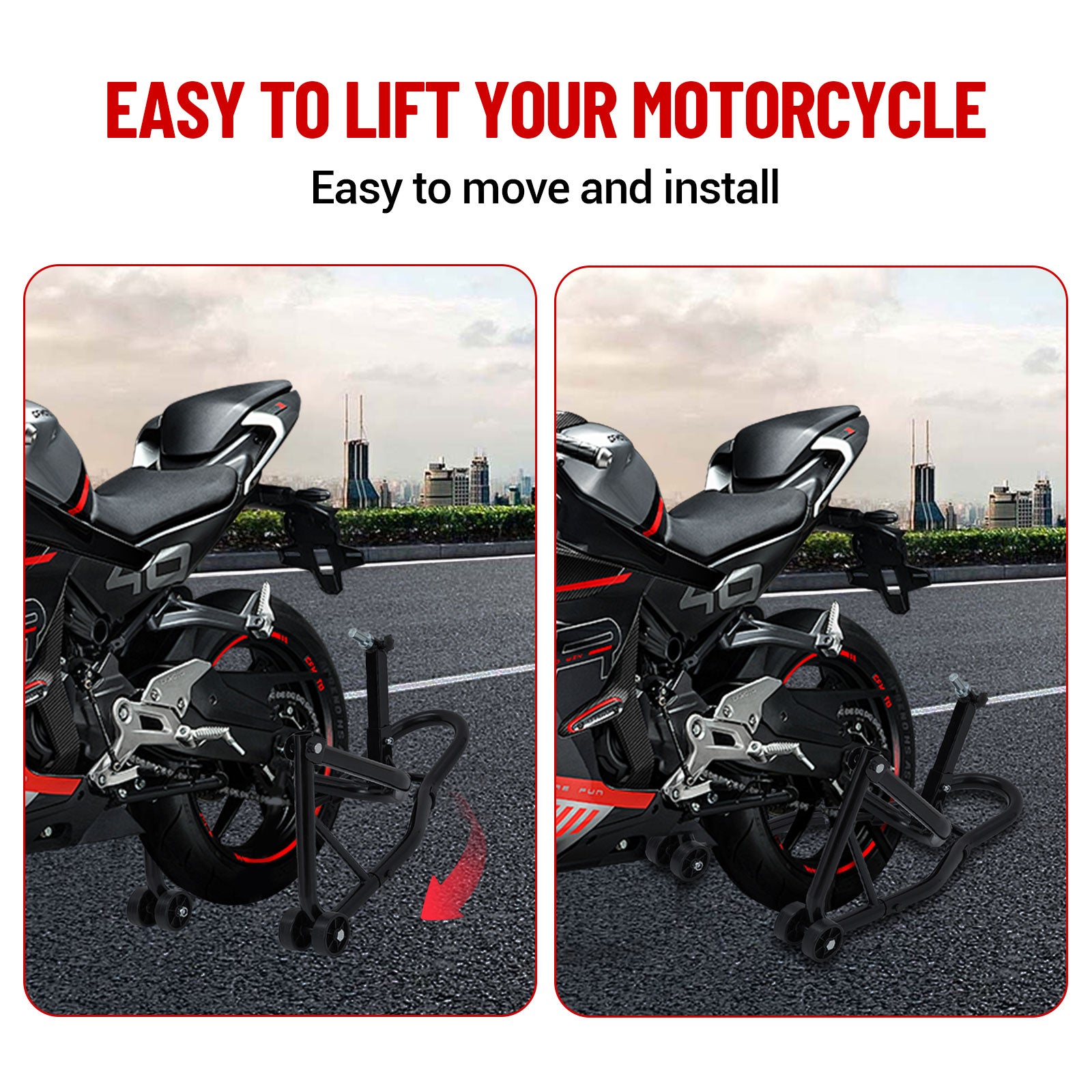 Béquille de roue arrière de moto Garvee avec support de bras oscillant en U et L, capacité de charge de 385 kg, acier robuste, pour atelier et garage, noire