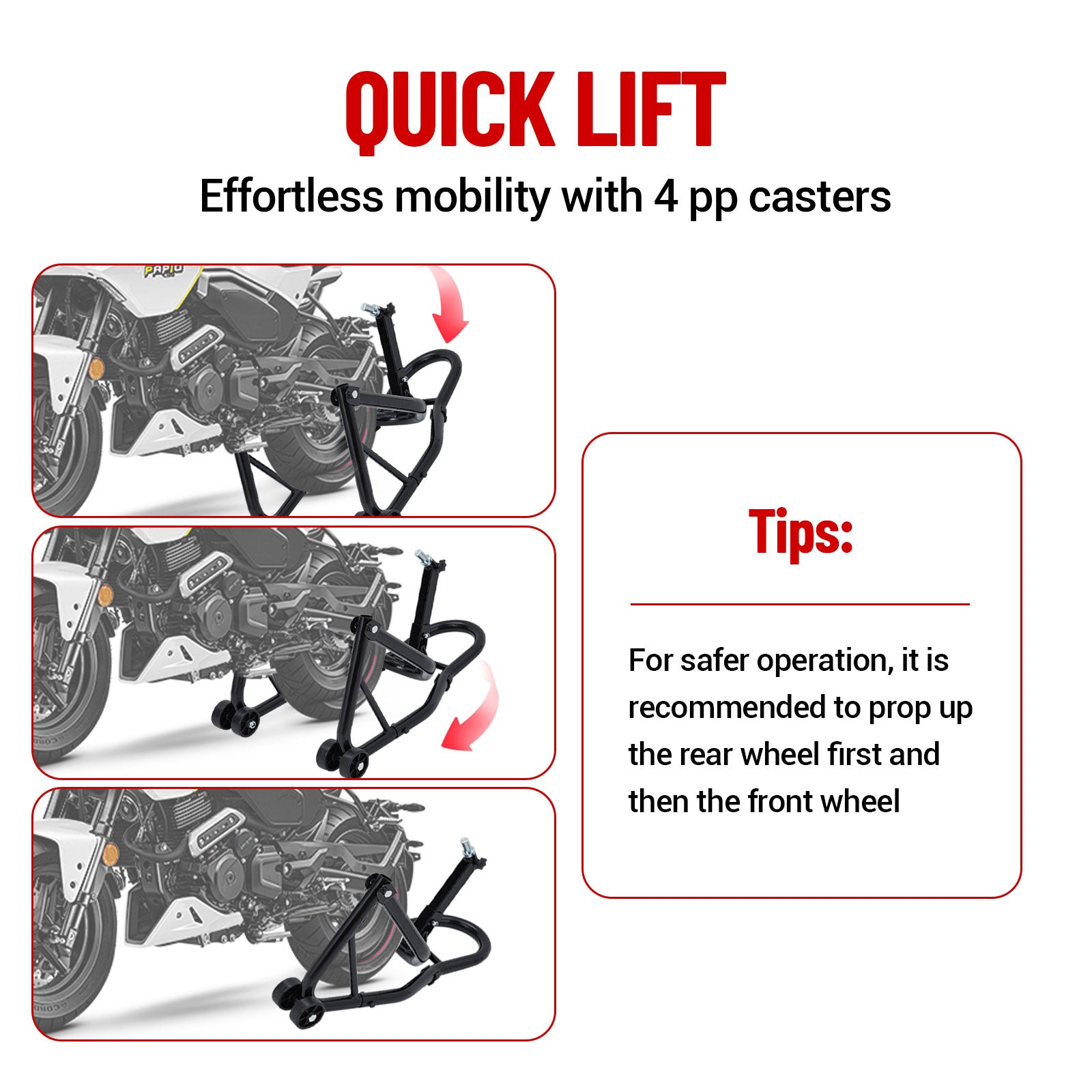 Béquille de roue arrière de moto Garvee avec support de bras oscillant en U et L, capacité de charge de 385 kg, acier robuste, pour atelier et garage, noire