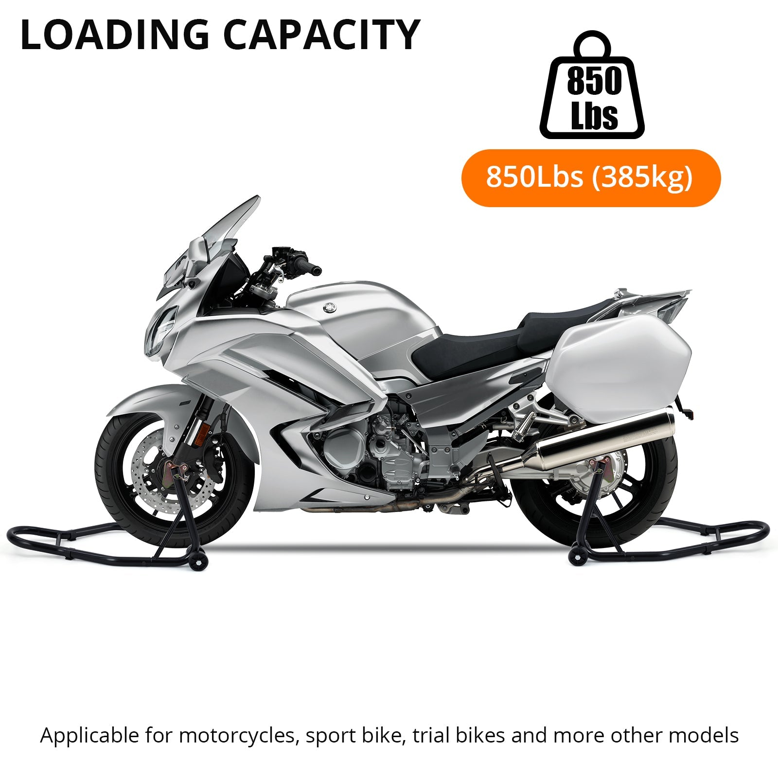 Béquille d'atelier Garvee pour moto, capacité de 385 kg (850 lb), béquille avant/arrière combinée, construction robuste en acier, fourches réglables, pour atelier et garage.