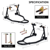 Béquille d'atelier Garvee pour moto, capacité de 385 kg (850 lb), béquille avant/arrière combinée, construction robuste en acier, fourches réglables, pour atelier et garage.