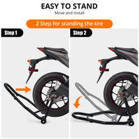 Béquille d'atelier Garvee pour moto, capacité de 385 kg (850 lb), béquille avant/arrière combinée, construction robuste en acier, fourches réglables, pour atelier et garage.