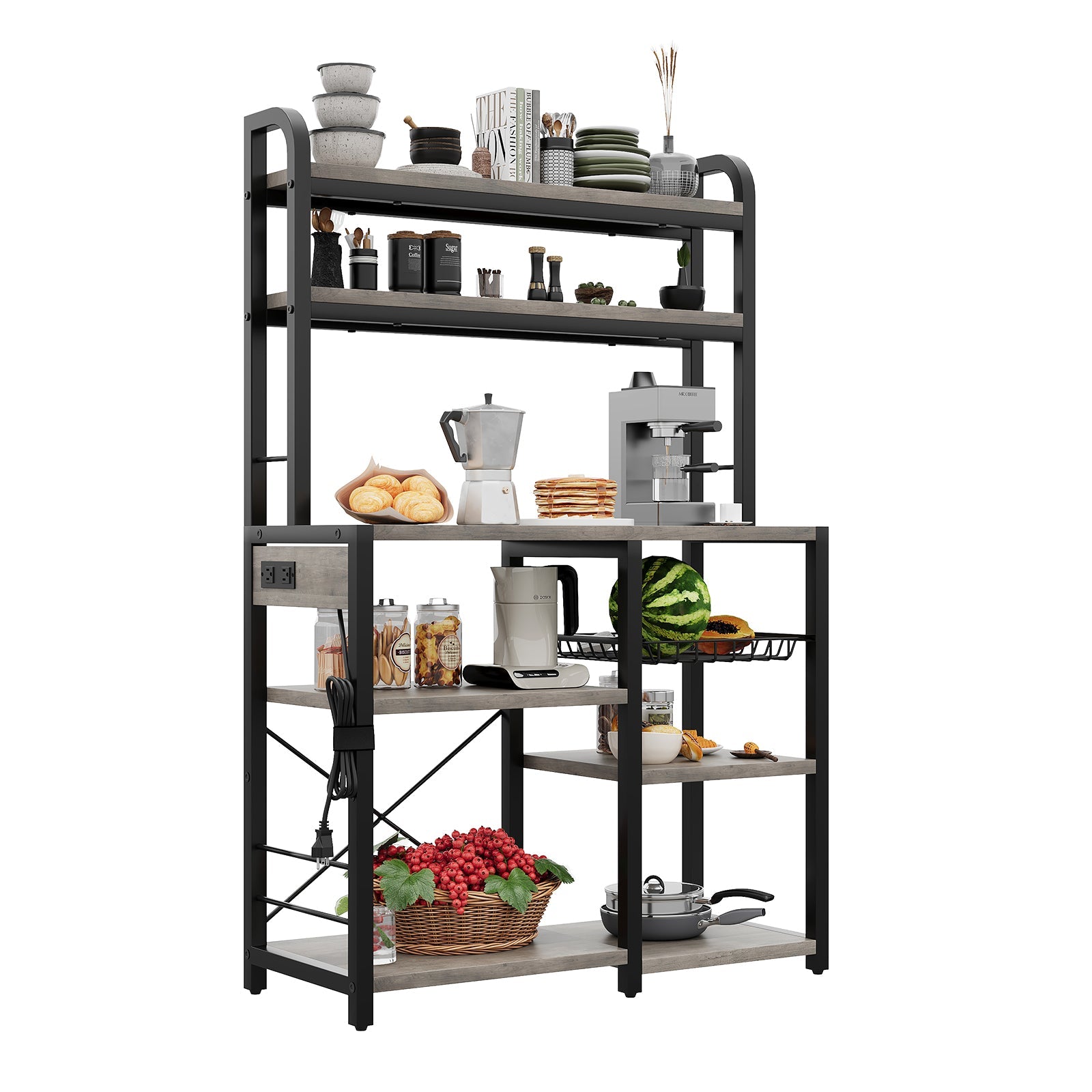 Étagère à micro-ondes Garvee Bakers Rack avec prises, 6 niveaux, en métal robuste, pour la cuisine et la salle à manger, 90 cm (L) x 40 cm (P), noire