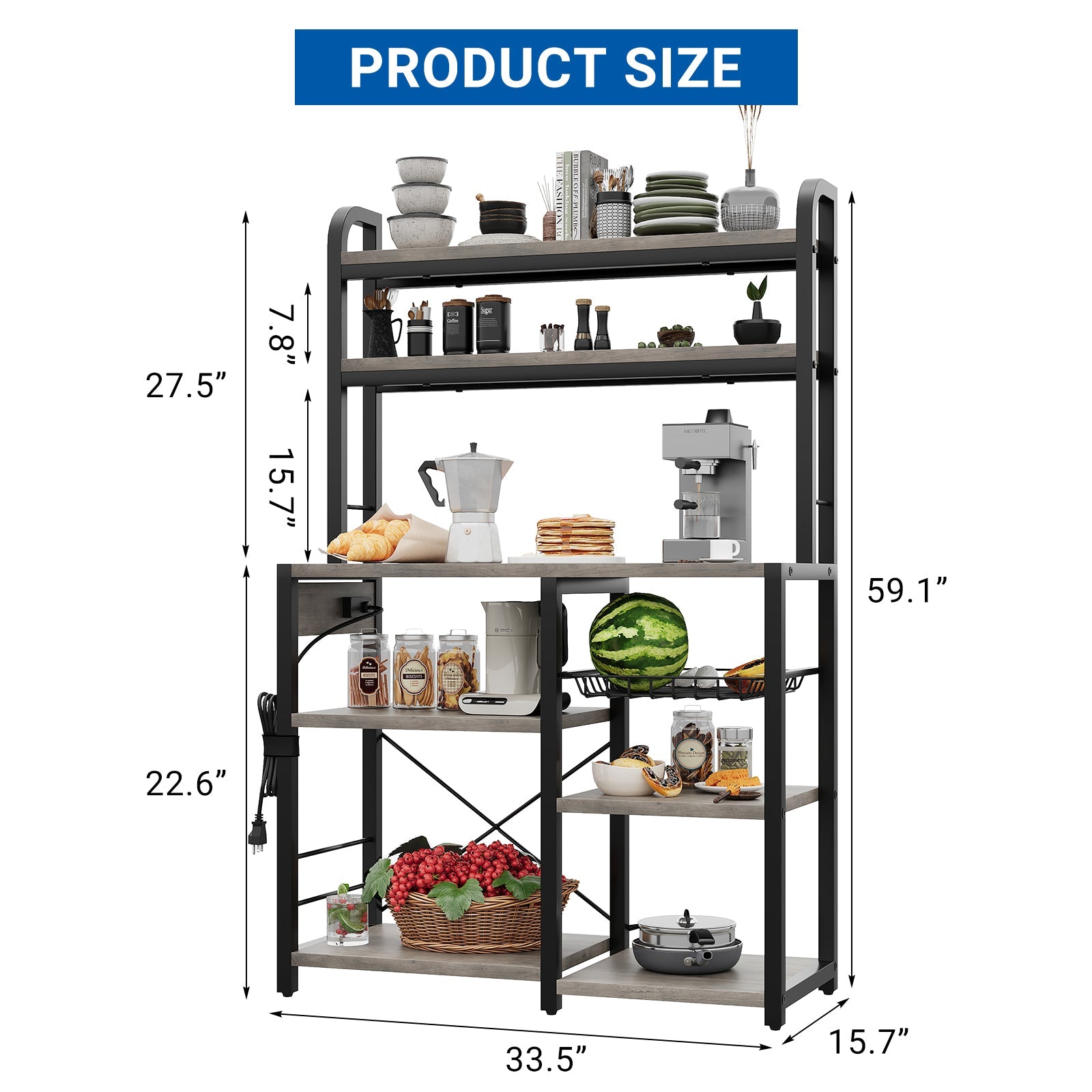 Étagère à micro-ondes Garvee Bakers Rack avec prises, 6 niveaux, en métal robuste, pour la cuisine et la salle à manger, 90 cm (L) x 40 cm (P), noire