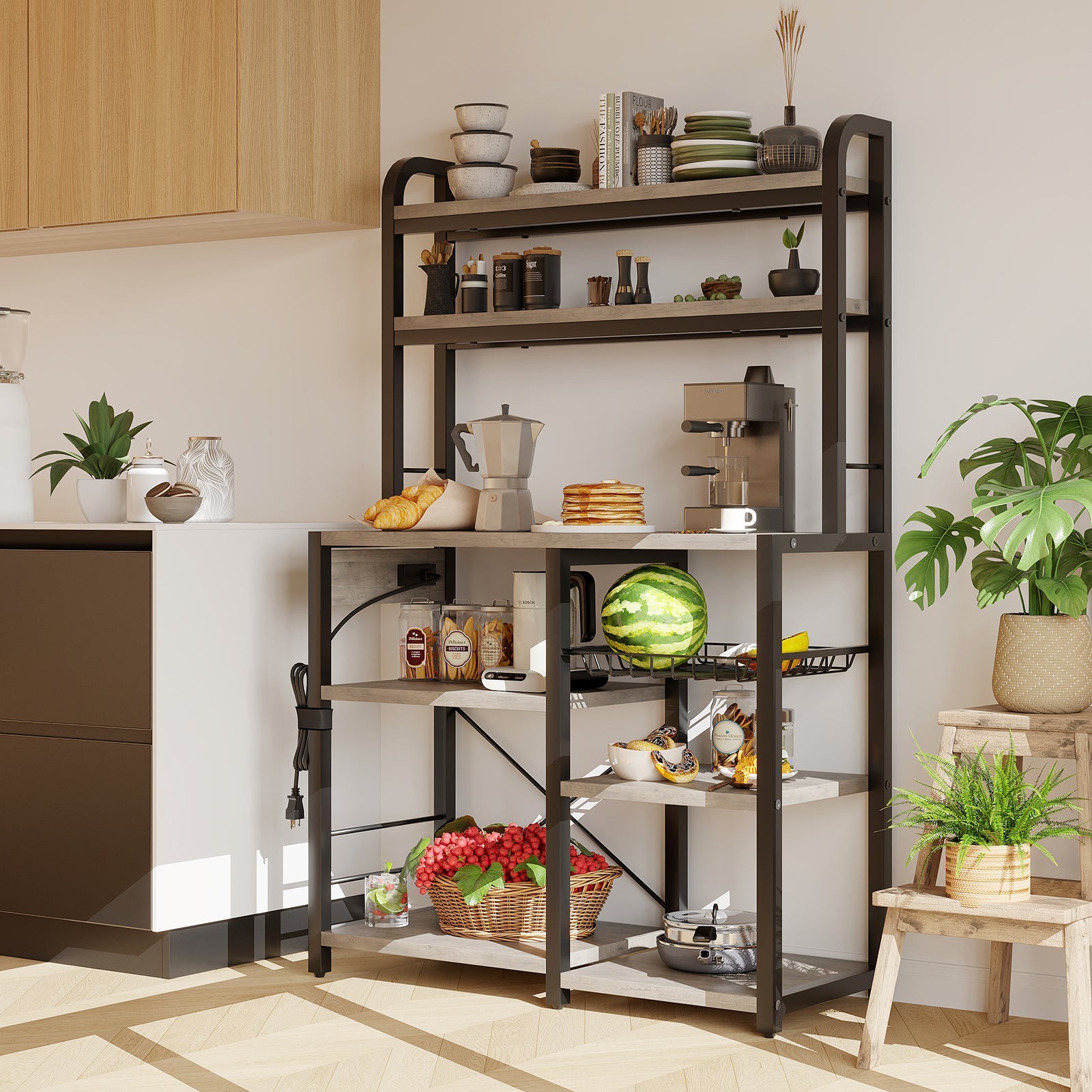 Étagère à micro-ondes Garvee Bakers Rack avec prises, 6 niveaux, en métal robuste, pour la cuisine et la salle à manger, 90 cm (L) x 40 cm (P), noire