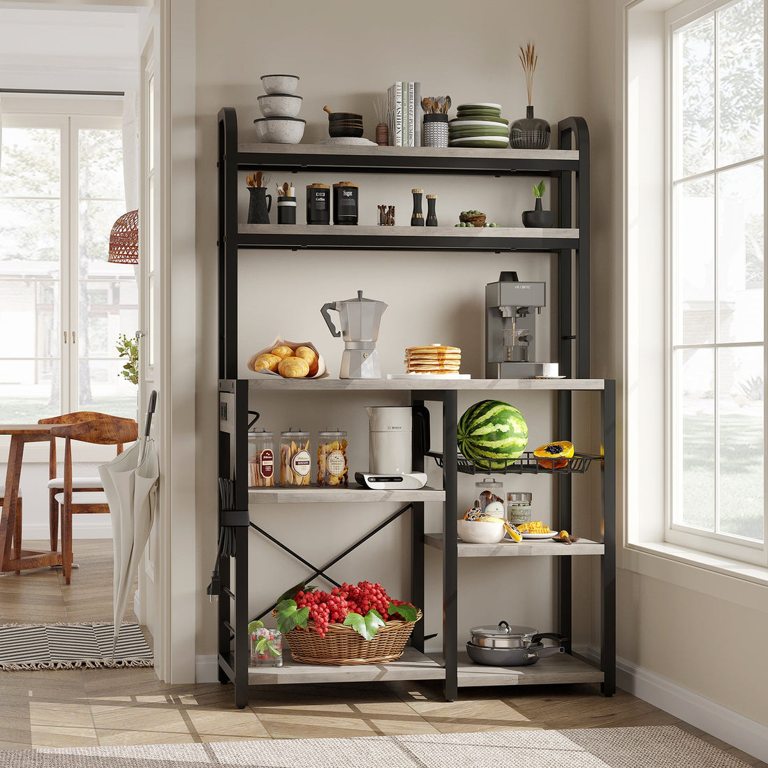 Étagère à micro-ondes Garvee Bakers Rack avec prises, 6 niveaux, en métal robuste, pour la cuisine et la salle à manger, 90 cm (L) x 40 cm (P), noire