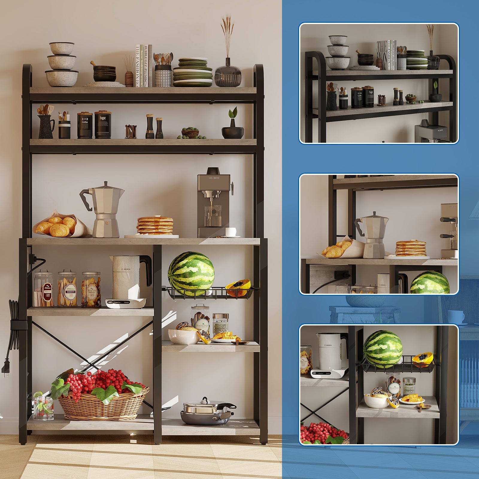 Étagère à micro-ondes Garvee Bakers Rack avec prises, 6 niveaux, en métal robuste, pour la cuisine et la salle à manger, 90 cm (L) x 40 cm (P), noire