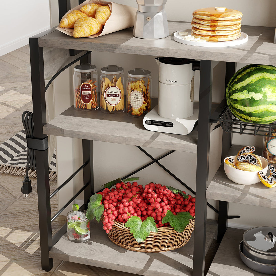 Étagère à micro-ondes Garvee Bakers Rack avec prises, 6 niveaux, en métal robuste, pour la cuisine et la salle à manger, 90 cm (L) x 40 cm (P), noire