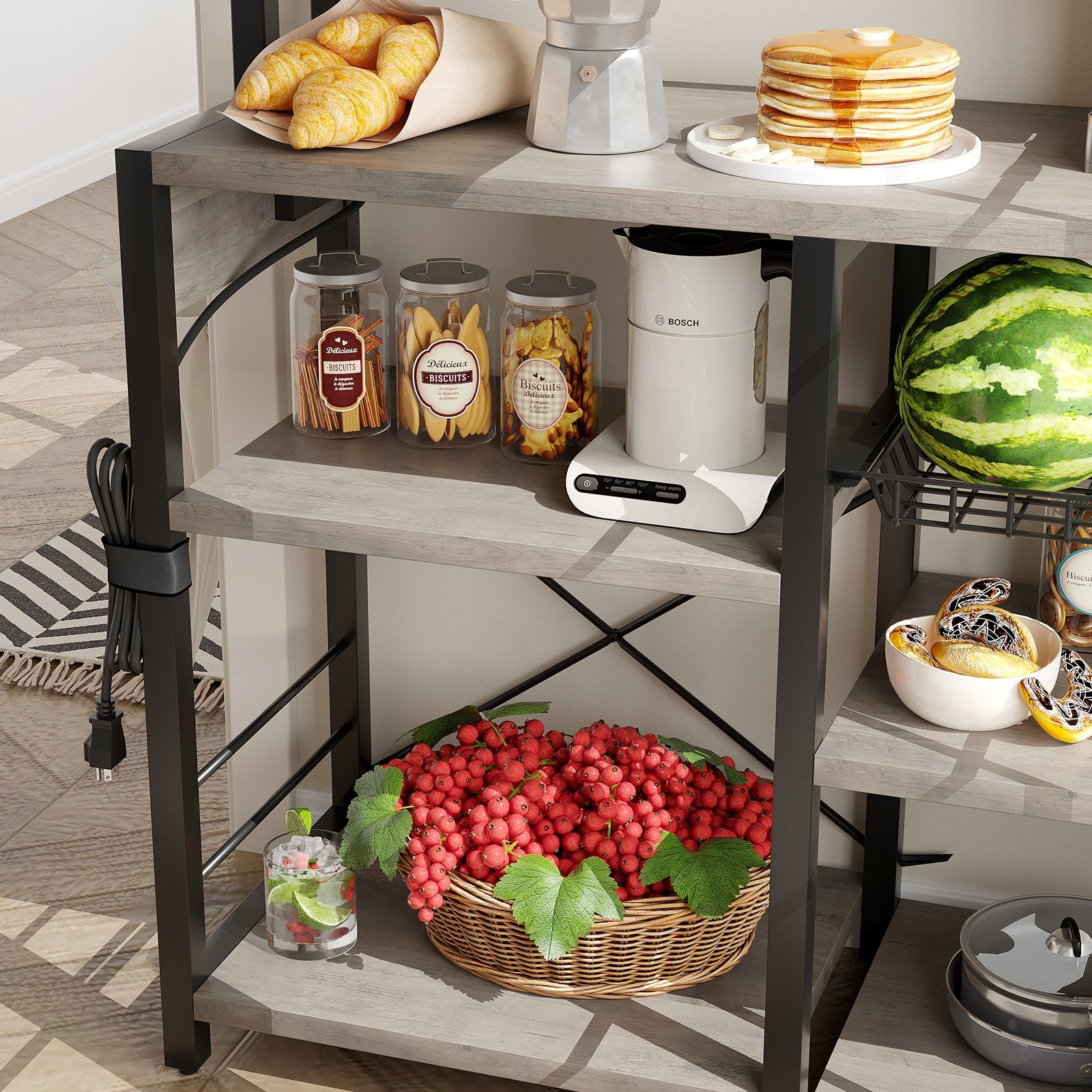 Étagère à micro-ondes Garvee Bakers Rack avec prises, 6 niveaux, en métal robuste, pour la cuisine et la salle à manger, 90 cm (L) x 40 cm (P), noire