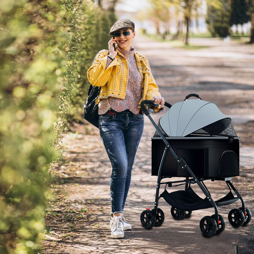 Poussette pliable 3 en 1 Garvee pour animaux de compagnie – Avec panier de rangement, fenêtre en filet, portable, jusqu'à 25 kg, noire