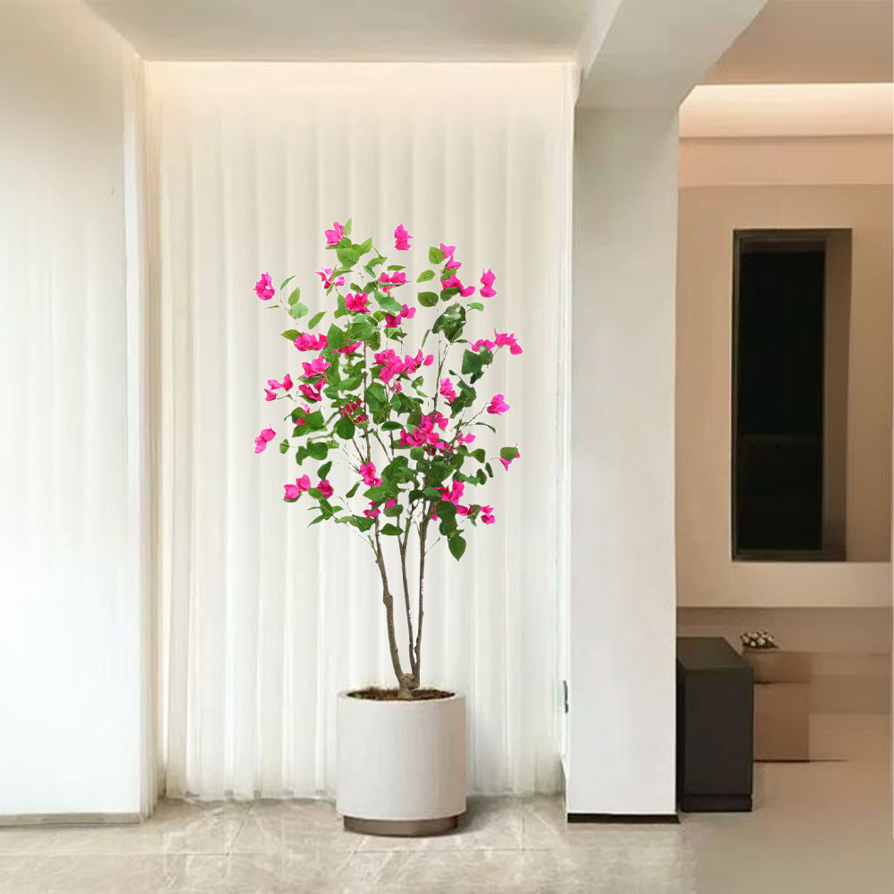 Bougainvillier artificiel Garvee 150 cm, facile d'entretien, en plastique et soie, pot en ciment robuste, décoration intérieure et extérieure, vert
