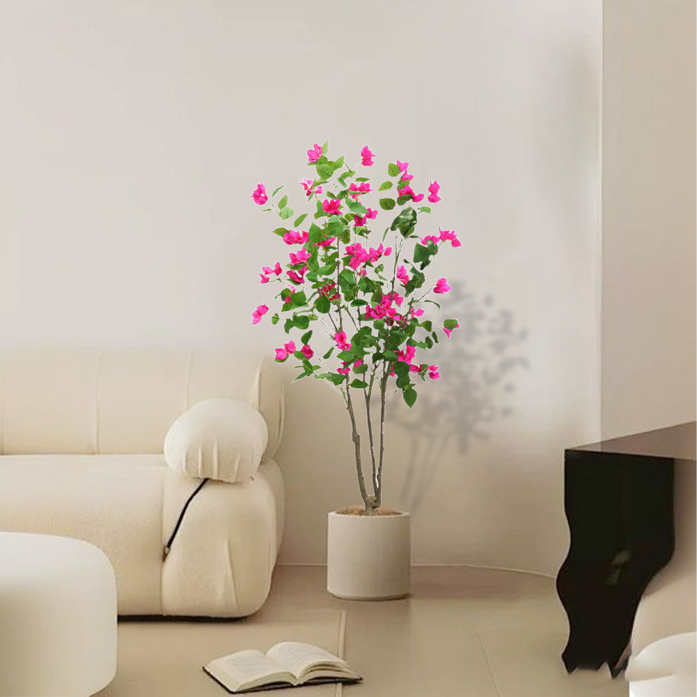 Bougainvillier artificiel Garvee 150 cm, facile d'entretien, en plastique et soie, pot en ciment robuste, décoration intérieure et extérieure, vert