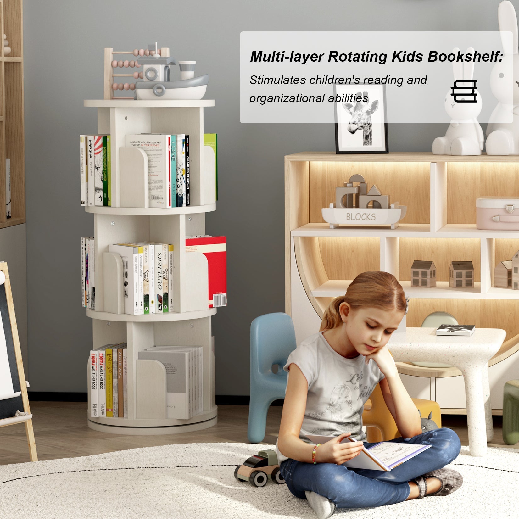 Garvee étagère en bois pivotante à 3 niveaux pour salon et chambre d'enfant, rotation à 360°, stable, gain de place, polyvalente