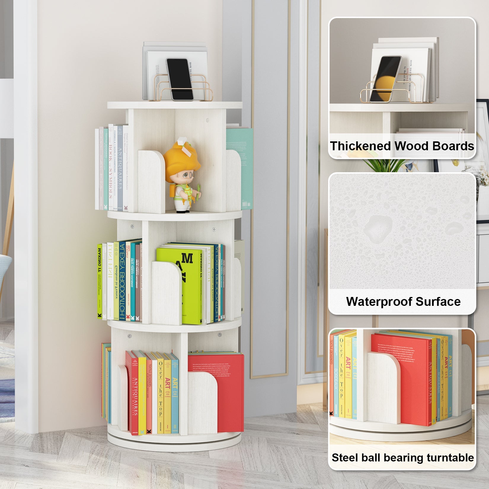 Garvee étagère en bois pivotante à 3 niveaux pour salon et chambre d'enfant, rotation à 360°, stable, gain de place, polyvalente
