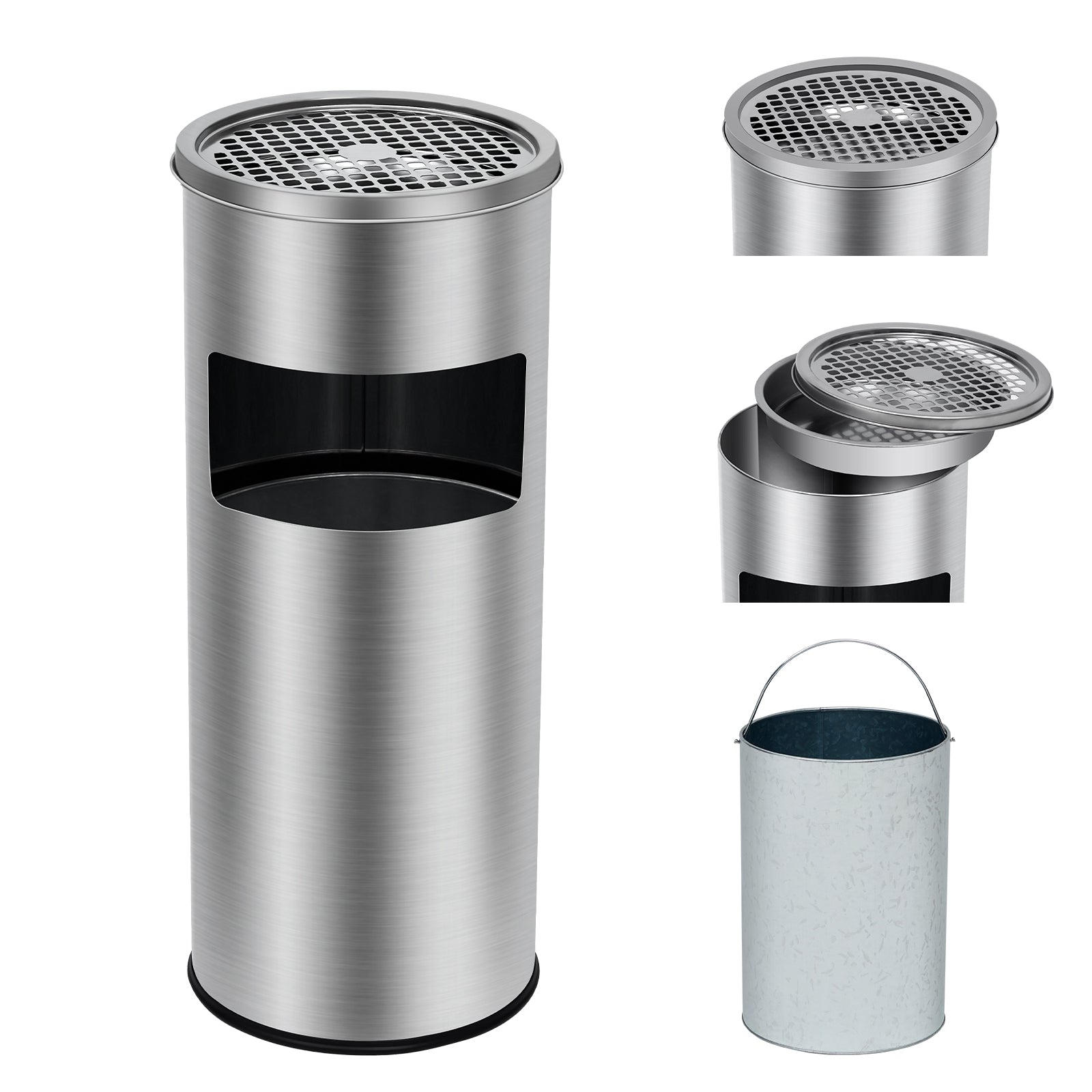 Poubelle Garvee de 17 litres en acier inoxydable avec couvercle et cendrier pour terrasse et bureau, usage commercial, intérieur et extérieur, seau amovible