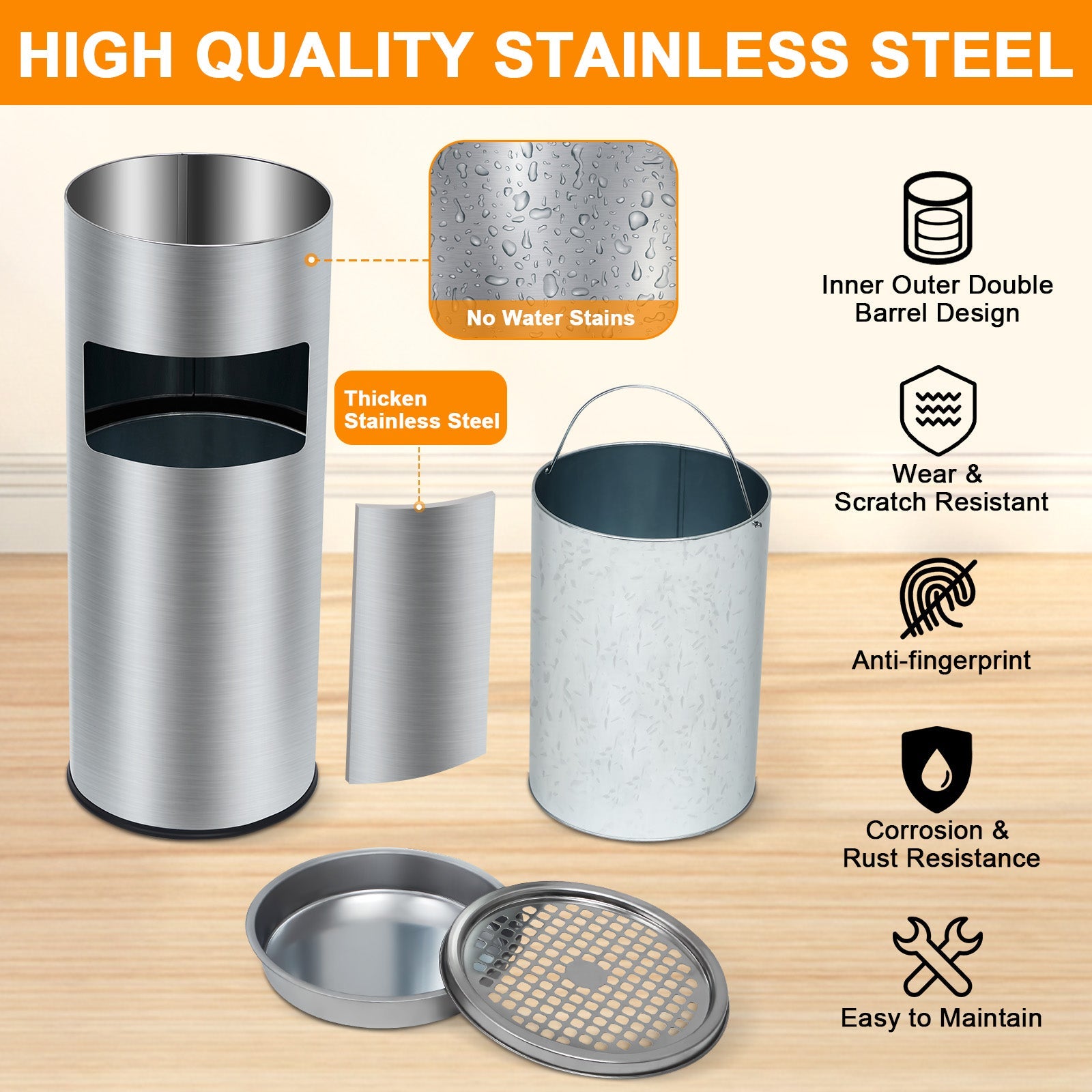 Poubelle Garvee de 17 litres en acier inoxydable avec couvercle et cendrier pour terrasse et bureau, usage commercial, intérieur et extérieur, seau amovible