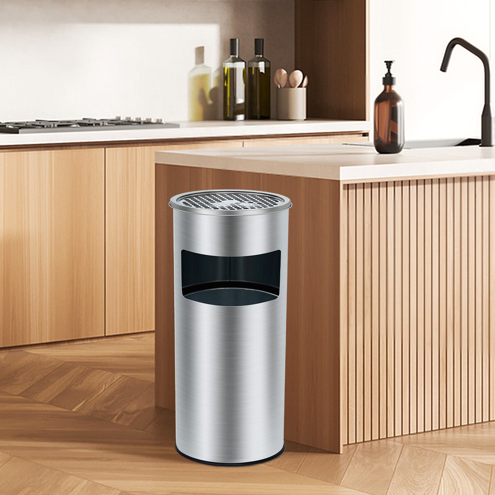 Poubelle Garvee de 17 litres en acier inoxydable avec couvercle et cendrier pour terrasse et bureau, usage commercial, intérieur et extérieur, seau amovible