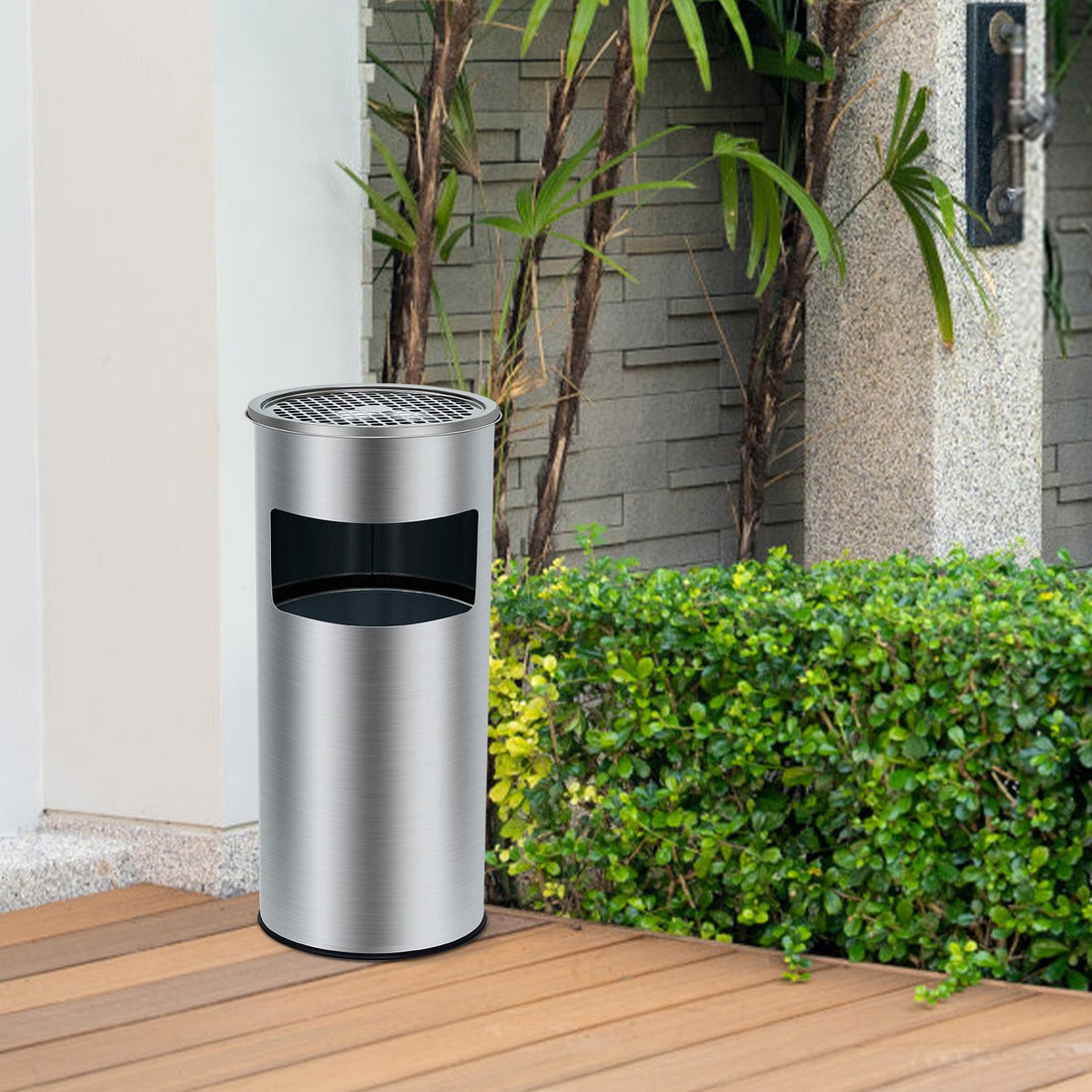 Poubelle Garvee de 17 litres en acier inoxydable avec couvercle et cendrier pour terrasse et bureau, usage commercial, intérieur et extérieur, seau amovible