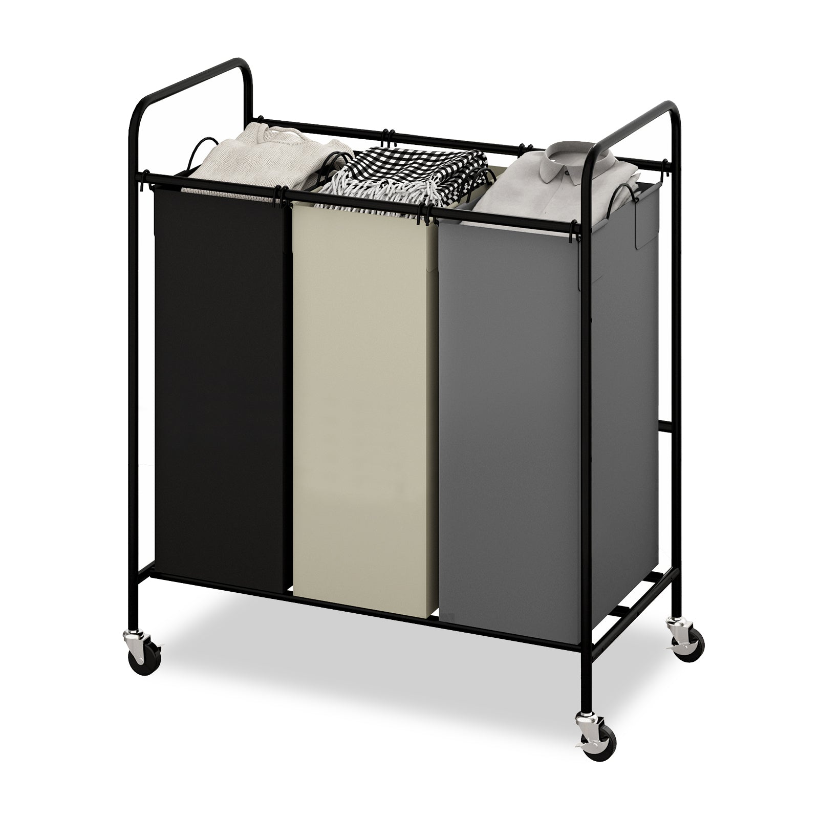 Chariot de tri à linge Garvee à 3 poches avec roulettes et frein de blocage, 120 L, structure robuste en toile non tissée, facile à déplacer. Idéal pour ranger le linge et les jouets.