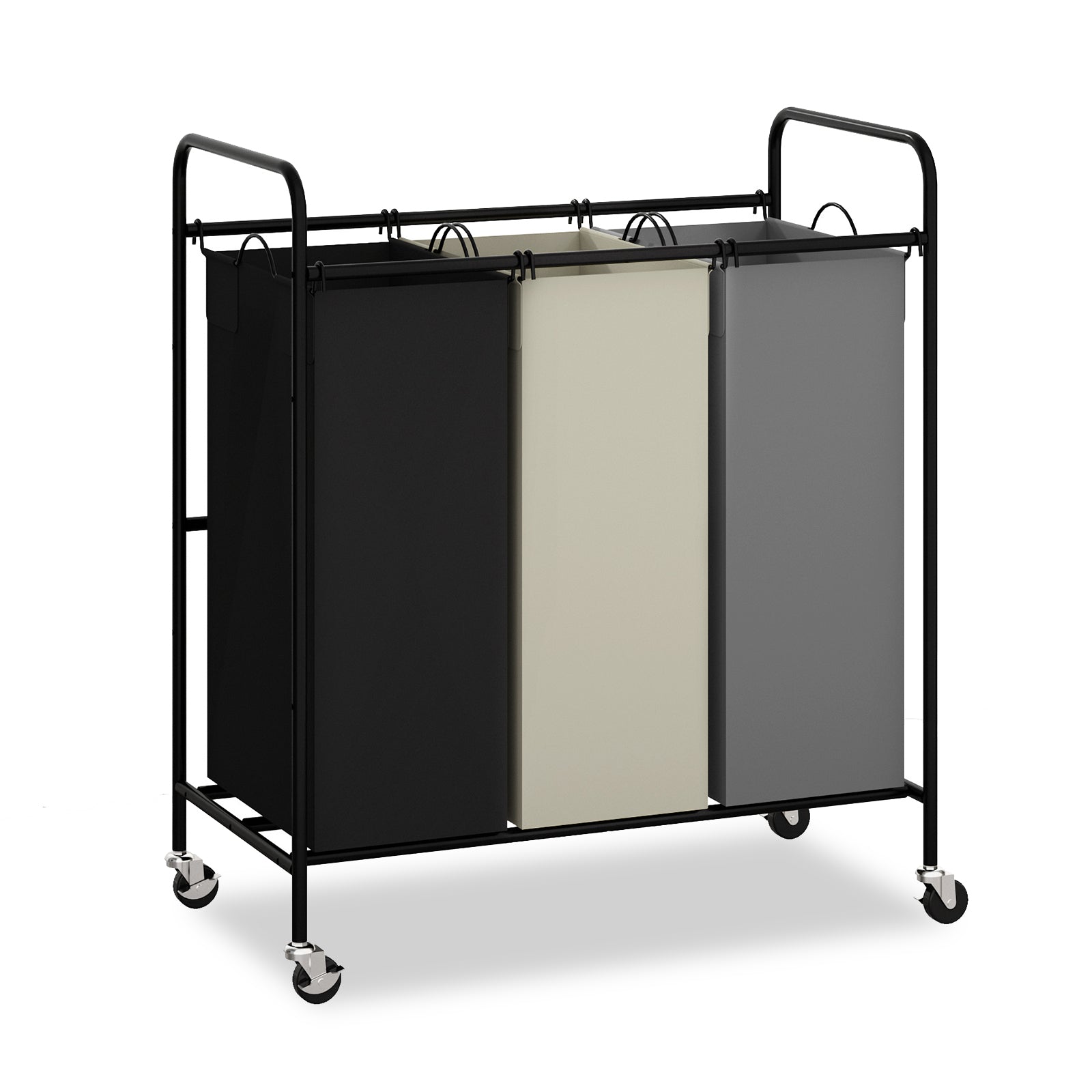 Chariot de tri à linge Garvee à 3 poches avec roulettes et frein de blocage, 120 L, structure robuste en toile non tissée, facile à déplacer. Idéal pour ranger le linge et les jouets.