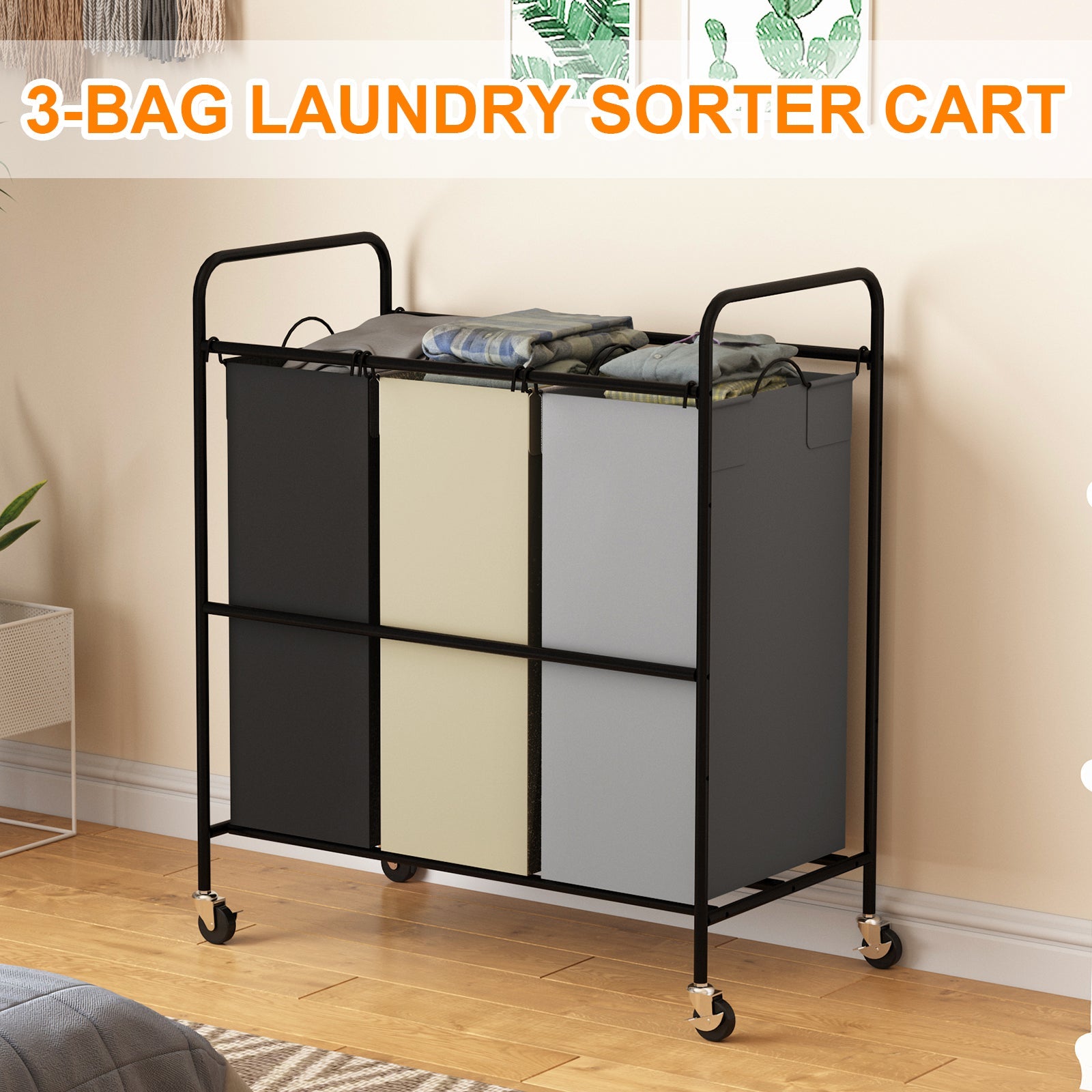 Chariot de tri à linge Garvee à 3 poches avec roulettes et frein de blocage, 120 L, structure robuste en toile non tissée, facile à déplacer. Idéal pour ranger le linge et les jouets.
