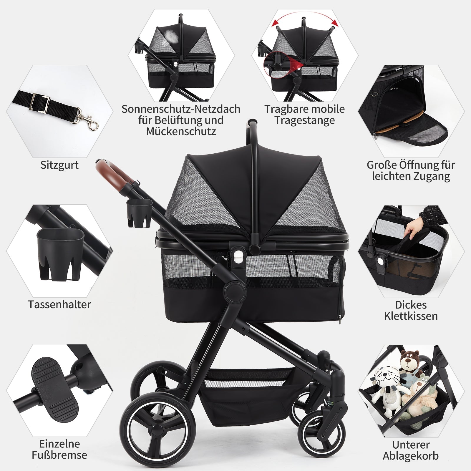 Garvee Poussette pliable pour chien jusqu’à 22 kg, noire, avec rangement, fenêtres en maille, housse de pluie et panier, idéale pour chiens et animaux de compagnie.