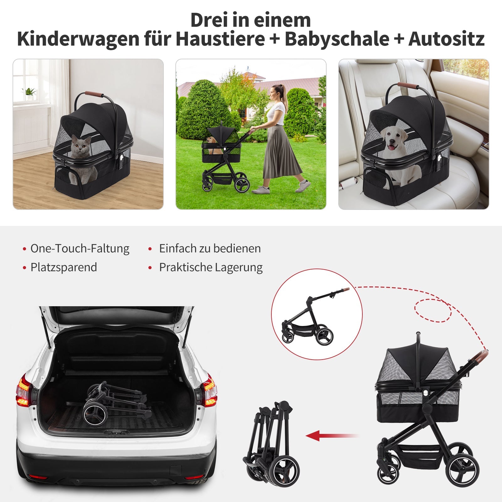 Garvee Poussette pliable pour chien jusqu’à 22 kg, noire, avec rangement, fenêtres en maille, housse de pluie et panier, idéale pour chiens et animaux de compagnie.