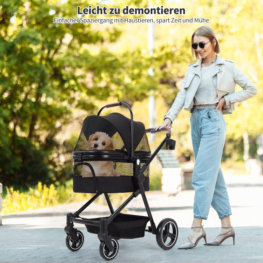Garvee Poussette pliable pour chien jusqu’à 22 kg, noire, avec rangement, fenêtres en maille, housse de pluie et panier, idéale pour chiens et animaux de compagnie.