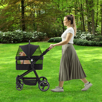 Garvee Poussette pliable pour chien jusqu’à 22 kg, noire, avec rangement, fenêtres en maille, housse de pluie et panier, idéale pour chiens et animaux de compagnie.