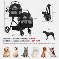 Garvee Poussette pliable pour chien jusqu’à 22kg, double panier, fenêtre filet, protection pluie et porte-gobelet, noir